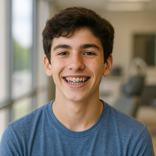  Smiling teenage boy with metal braces in an orthodontic office near Little Elm